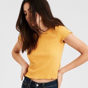American Eagle Outfitters Yellow Ruched Lettuce Hem Cropped Short Sleeve Tee